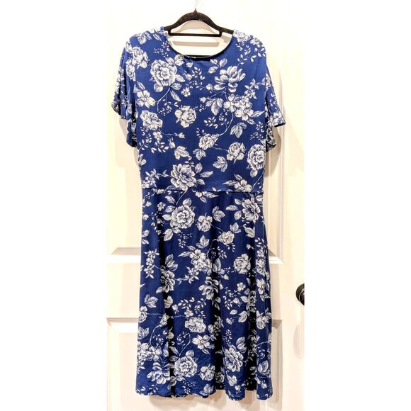 Fortune + Ivy Wrap Dress Floral Plus Size 2X Blue White Jersey Knit Midi - Picture 2 of 6